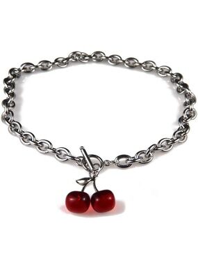 Silver Chain Bracelet with Red Cherry Charm
